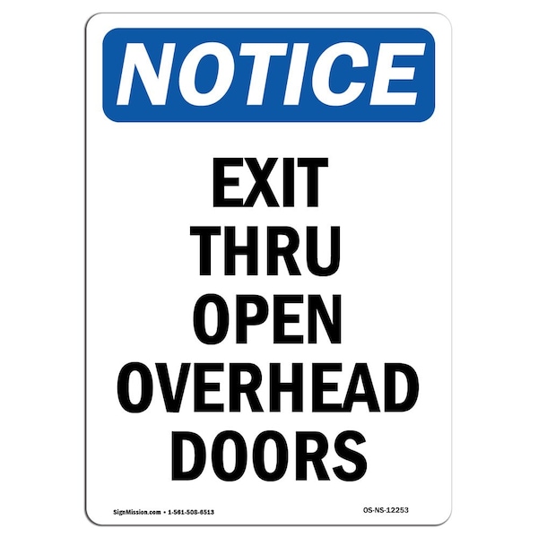 OSHA Sign, Exit Thru Open Overhead Doors, 5in X 3.5in Decal, 10PK, 3.5"W, 5" L, Portrait, PK10